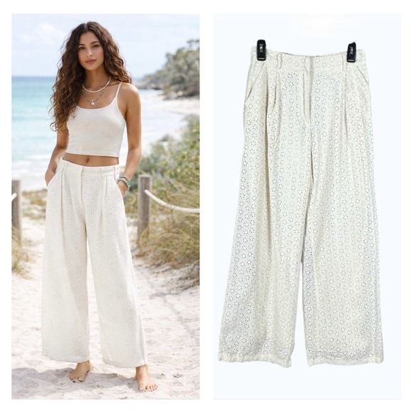 The Unbranded Brand Pants - Womens Eyelet Wide Leg Pants Size Medium Coastal Beachy Cream Euro Summer Boho